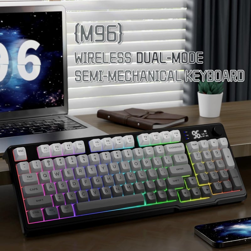 LexonElec M96 Wireless Keyboard, Low Profile Quiet Typing Membrane Gaming Keyboard with Smart Display & Knob, RGB Backlit, USB C Rechargeable, 94 Keys PBT Keycap for Windows PC,Mac,Linux-Moonlit Night - Image 2
